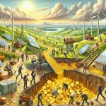 An HD quality image which depicts the concept of renewable energy investment funds being the new 'Gold Rush'. Picture this as a symbolic, detailed scene where renewable energy resources like wind farms, solar panels and hydroelectric dams are represented as sources of gold, indicating wealth. Investors, showcasing various descents and genders, are depicted rushing and digging in these sources, replacing the traditional gold rush of the 19th century with a modern greener version. Please try to embed the feeling of excitement, ambition and urgency typically associated with a gold rush.