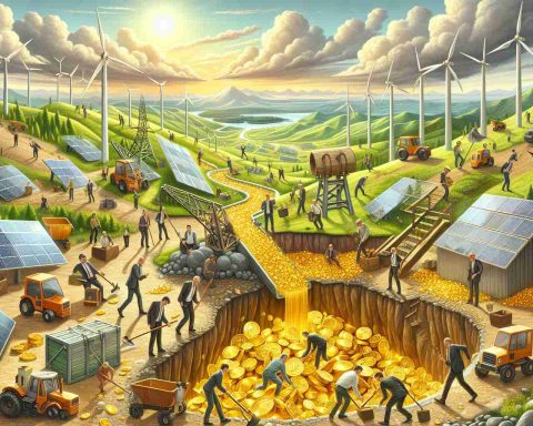 An HD quality image which depicts the concept of renewable energy investment funds being the new 'Gold Rush'. Picture this as a symbolic, detailed scene where renewable energy resources like wind farms, solar panels and hydroelectric dams are represented as sources of gold, indicating wealth. Investors, showcasing various descents and genders, are depicted rushing and digging in these sources, replacing the traditional gold rush of the 19th century with a modern greener version. Please try to embed the feeling of excitement, ambition and urgency typically associated with a gold rush.