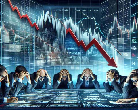 A high-definition image representing a drastic drop in the stocks of major companies. Display a downward facing graph or trending line on a dynamic digital screen, symbolizing market instability. Include head-scratching analysts immersed into the data, showing their concerned expressions. Aside, present headlines questioning the cause of this unexpected market shakeup.