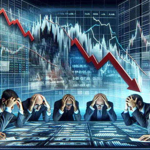 A high-definition image representing a drastic drop in the stocks of major companies. Display a downward facing graph or trending line on a dynamic digital screen, symbolizing market instability. Include head-scratching analysts immersed into the data, showing their concerned expressions. Aside, present headlines questioning the cause of this unexpected market shakeup.