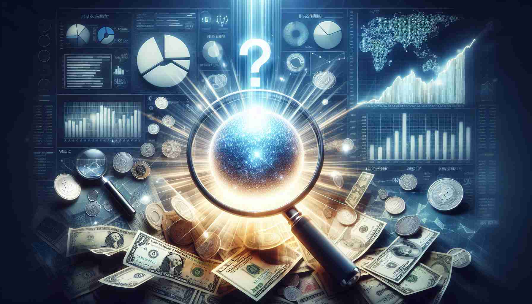 A hyper-realistic, high-definition photo concept that symbolizes a potentially game-changing investment. The visual narrative can consist of a bright sphere that represents a breakthrough investment opportunity, radiating on a background of diverse currency notes, graph charts showing growth, and financial documents. A magnifying glass could be hovering over the sphere, symbolizing a detailed analysis. Additionally, a question mark hovering in the air symbolizes the curiosity and research needed to discover how this investment could alter one's financial landscape.