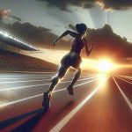 Generate a realistic high-definition image that visually represents the concept 'Stay Ahead, Don't Fall Behind'. It can include a runner on a track, symbolizing competition and persistence, with elements such as a rising or setting sun in the background, symbolizing time and passing opportunities. The runner is a South Asian woman. Focus on a detailed rendering with a sense of motion and emotion, emphasizing diligence, struggle, and the pursuit of progress.