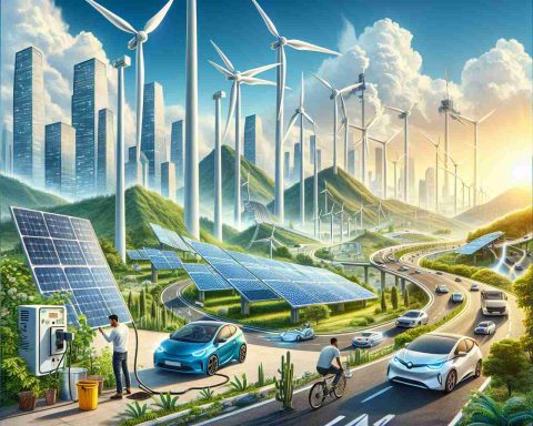 Create an impactful image illustrating the concept of the 'Green Power Revolution'. The scene should portray major changes such as large wind turbines towering over the landscape, solar panels glistening under the bright sun, and electric cars darting along hi-tech city highways. Decisive movements of people transitioning to more sustainable energies should also be emphasized; for instance, a Hispanic man installing a solar panel and a South Asian woman charging her electric car. The depiction should be in high-definition and realistic in its execution.