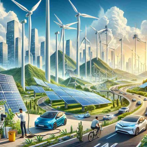 Create an impactful image illustrating the concept of the 'Green Power Revolution'. The scene should portray major changes such as large wind turbines towering over the landscape, solar panels glistening under the bright sun, and electric cars darting along hi-tech city highways. Decisive movements of people transitioning to more sustainable energies should also be emphasized; for instance, a Hispanic man installing a solar panel and a South Asian woman charging her electric car. The depiction should be in high-definition and realistic in its execution.