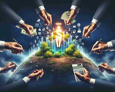 High definition image representing investor interest in a successful company. The image presents a metaphorical visual representation of a company with several hands reaching towards it, symbolizing high investor interest. Each hand should carry different tools related to investment, such as cash, pen (for signing agreements), calculator (for financial calculation), and document (investment proposal). The company is represented as a glowing, attractive entity sitting atop a hill, surrounded by a halo of success.