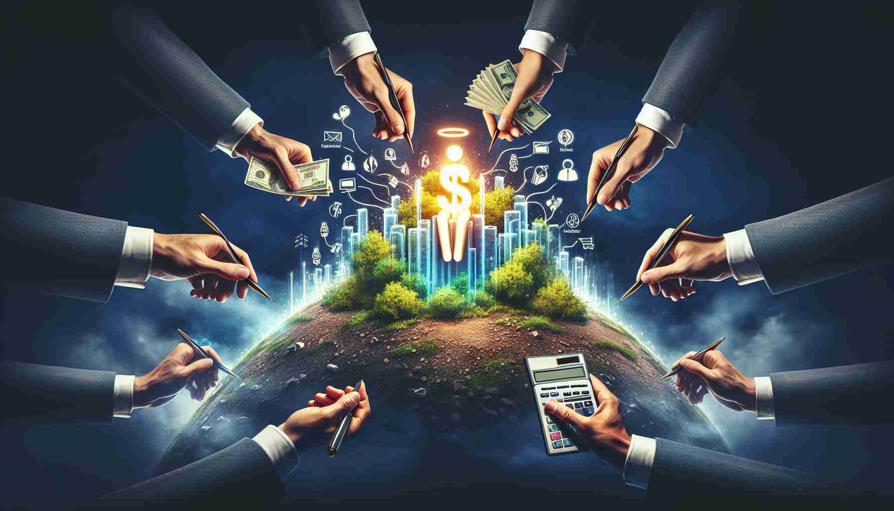 High definition image representing investor interest in a successful company. The image presents a metaphorical visual representation of a company with several hands reaching towards it, symbolizing high investor interest. Each hand should carry different tools related to investment, such as cash, pen (for signing agreements), calculator (for financial calculation), and document (investment proposal). The company is represented as a glowing, attractive entity sitting atop a hill, surrounded by a halo of success.