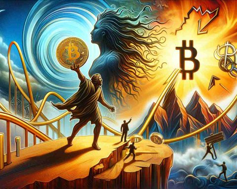 A dramatized, detailed scene symbolizing a bold move in cryptocurrency investment strategy. In the foreground, an ambiguous allegorical figure - a mix of confidence and ambition - holding a golden coin symbol marked with a Bitcoin symbol. The background is filled with an abstract representation of a stock market rollercoaster, indicating unpredictable market fluctuations. On the far horizon, a metaphorical representation for gaining returns, such as a sunrise or a mountain peak.