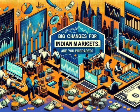 Generate an image depicting the concept of major transformations happening within the Indian market scene. This could include financial graphs showing dramatic shifts, people busy working on computers studying economic trends, Indian currency notes, and related elements. Include text on the upper part of the image saying 'Big Changes Loom for Indian Markets. Are You Prepared?'