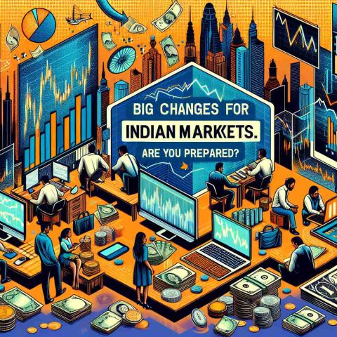 Generate an image depicting the concept of major transformations happening within the Indian market scene. This could include financial graphs showing dramatic shifts, people busy working on computers studying economic trends, Indian currency notes, and related elements. Include text on the upper part of the image saying 'Big Changes Loom for Indian Markets. Are You Prepared?'