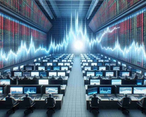 Generate a realistic high-definition image of a frantic stock exchange room with monitors showing several plummeting graphs. To introduce a surprising twist, establish a contrasting calm with a single display screen at the far end of the room showing a rising chart among the rows of declining ones.