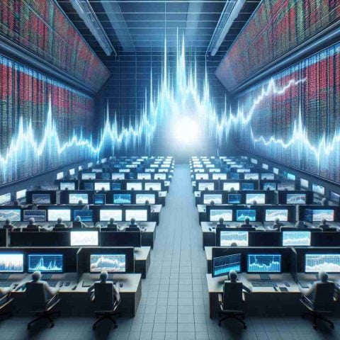 Generate a realistic high-definition image of a frantic stock exchange room with monitors showing several plummeting graphs. To introduce a surprising twist, establish a contrasting calm with a single display screen at the far end of the room showing a rising chart among the rows of declining ones.