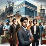 A high-resolution, realistic image displaying the metaphorical concept of 'Who's Behind the Power?' This depicts a diverse group of people, representing various stakeholders, grouped together. In the forefront, a South Asian woman in business attire, and a Black man, an engineer, standing shoulder to shoulder. Behind them, a Middle Eastern man as a consumer, using a piece of electrical equipment. The backdrop consists of a corporate building symbolizing 'Polycab India', along with power lines and industrial infrastructure. Ensure that the whole setting has a professional and serious tone.