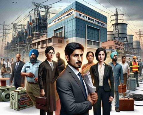 A high-resolution, realistic image displaying the metaphorical concept of 'Who's Behind the Power?' This depicts a diverse group of people, representing various stakeholders, grouped together. In the forefront, a South Asian woman in business attire, and a Black man, an engineer, standing shoulder to shoulder. Behind them, a Middle Eastern man as a consumer, using a piece of electrical equipment. The backdrop consists of a corporate building symbolizing 'Polycab India', along with power lines and industrial infrastructure. Ensure that the whole setting has a professional and serious tone.