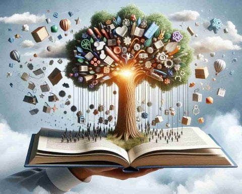 Realistic High Definition image showing a symbolic representation of an educational giant's surprising new strategy. This could be a picture of a huge tree with different innovative educational tools hanging from it or a large book with unique strategies bursting out of it. The image communicates why this strategy is causing a stir and turning heads.