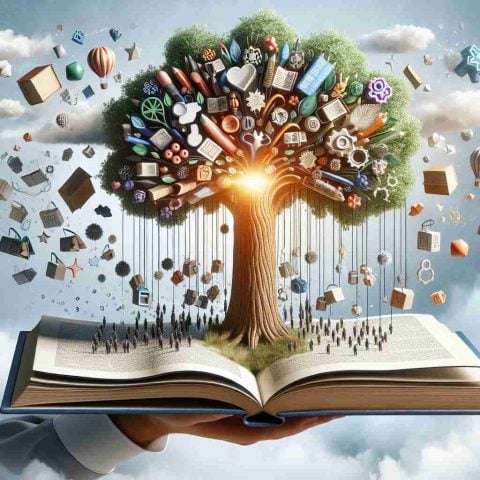 Realistic High Definition image showing a symbolic representation of an educational giant's surprising new strategy. This could be a picture of a huge tree with different innovative educational tools hanging from it or a large book with unique strategies bursting out of it. The image communicates why this strategy is causing a stir and turning heads.