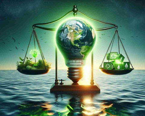 Generate a high-definition, realistic illustration of the concept of big promises on green energy. Depict an abstract visual metaphor of a large, bright green energy light bulb floating over a detailed map of the Pacific region. Include a balance scale nearby, signifying what's at stake, with sustainable energy symbols on one side and traditional energy symbols on the other. The water should shimmer with the reflection of the green light bulb, and the sky must have a hopeful glow suggesting a better, cleaner future.