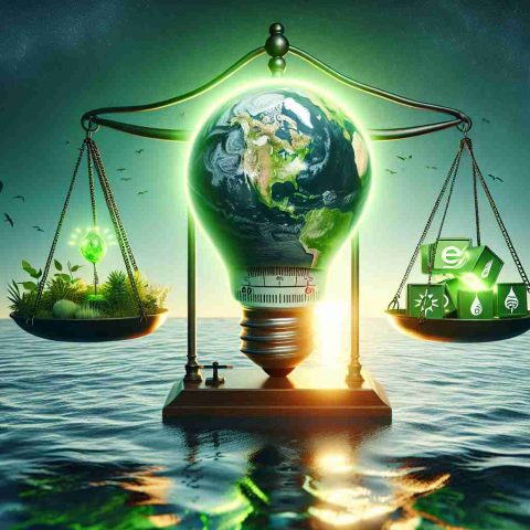 Generate a high-definition, realistic illustration of the concept of big promises on green energy. Depict an abstract visual metaphor of a large, bright green energy light bulb floating over a detailed map of the Pacific region. Include a balance scale nearby, signifying what's at stake, with sustainable energy symbols on one side and traditional energy symbols on the other. The water should shimmer with the reflection of the green light bulb, and the sky must have a hopeful glow suggesting a better, cleaner future.