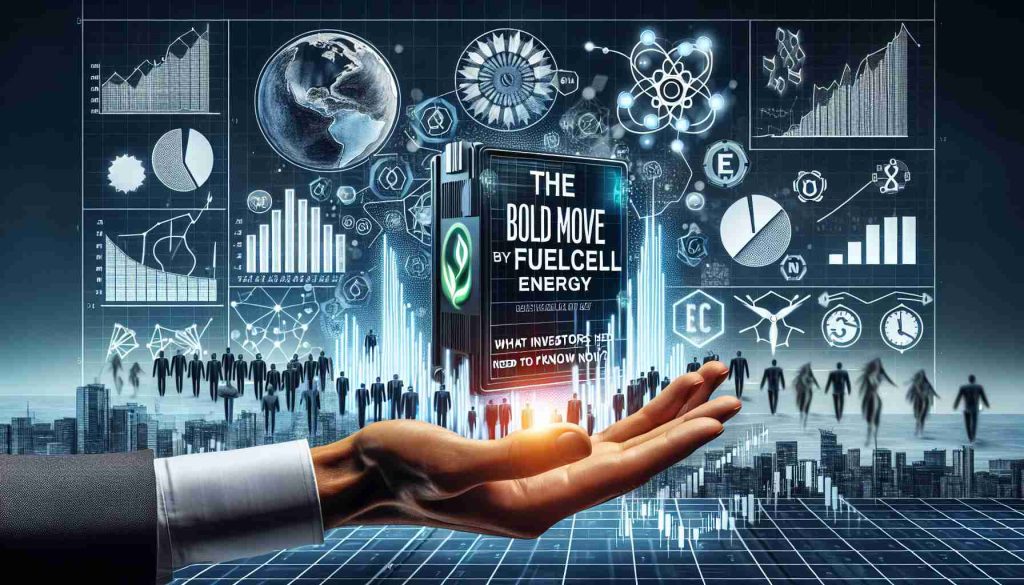 A detailed and realistic high definition image of the headline 'The Bold Move by FuelCell Energy! What Investors Need to Know Now?' with the backdrop of a dynamic graph showing business performance, stock market charts, and figures related to FuelCell Energy company. Include the symbols of energy industry such as solar panels, wind turbines, and fuel cells, reflecting the strategic bold move by the company. There should be a high contrast between the bold headline and the background for visual impact.