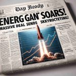 Realistic HD image of a newspaper front page. The main headline reads 'Energy Giant Soars! Massive Deal Sends Stock Skyrocketing.' The front page also features an artistic representation of a rocket soaring into the sky, illustrating the upward trajectory of the energy company's stock. The layout is classic and neat, with sub-articles and quotes giving a brief snapshot of the day's other significant news. One corner of the newspaper contains an abstract graph with an upward curve, demonstrating the positive trend in the company's stock.