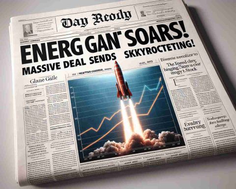 Realistic HD image of a newspaper front page. The main headline reads 'Energy Giant Soars! Massive Deal Sends Stock Skyrocketing.' The front page also features an artistic representation of a rocket soaring into the sky, illustrating the upward trajectory of the energy company's stock. The layout is classic and neat, with sub-articles and quotes giving a brief snapshot of the day's other significant news. One corner of the newspaper contains an abstract graph with an upward curve, demonstrating the positive trend in the company's stock.