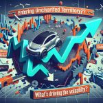 A high definition graphic illustration showcasing the volatility of an unspecified electric car company's share price. It represents the stock entering uncharted territory with various fluctuations. Include some elements to symbolize reasons behind the instability. The details are to be magnified and clear and should portray a financial markets feel. The title 'Entering Uncharted Territory? What's Driving the Volatility?' is clearly placed atop the graphic.