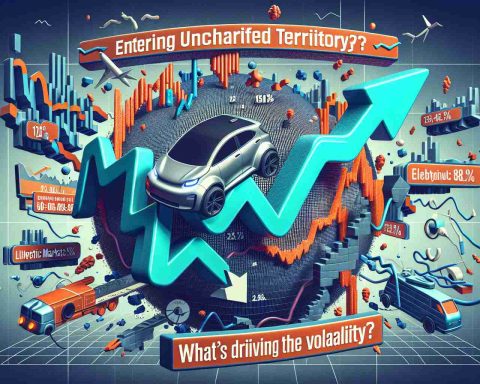 A high definition graphic illustration showcasing the volatility of an unspecified electric car company's share price. It represents the stock entering uncharted territory with various fluctuations. Include some elements to symbolize reasons behind the instability. The details are to be magnified and clear and should portray a financial markets feel. The title 'Entering Uncharted Territory? What's Driving the Volatility?' is clearly placed atop the graphic.