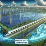 A rendering of a grand, forward-thinking and eco-conscious infrastructure project in Germany. Visualize rows of wind turbines standing tall against a bright blue sky, solar panel fields shimmering under the sun, and high-speed electric trains zipping across the landscape. Also, represent futuristic holographs showcasing plans and data, symbolizing the strides in technology. The border of the image should contain text saying 'Massive Green Investment' in bold letters, emphasizing the commitment to sustainable energy.