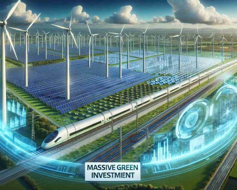 A rendering of a grand, forward-thinking and eco-conscious infrastructure project in Germany. Visualize rows of wind turbines standing tall against a bright blue sky, solar panel fields shimmering under the sun, and high-speed electric trains zipping across the landscape. Also, represent futuristic holographs showcasing plans and data, symbolizing the strides in technology. The border of the image should contain text saying 'Massive Green Investment' in bold letters, emphasizing the commitment to sustainable energy.