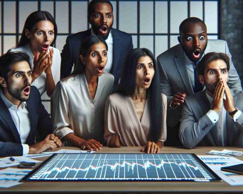 A high-definition, photorealistic image showing a diverse group of investors, including a Middle-Eastern woman, a South Asian man, a Black man and a Hispanic woman, in a conference room. They all have shocked expressions on their faces as they look at a computer screen displaying a graph, which shows the share price of a fictitious electronics company named 'Lumelectric' taking an unexpected turn.