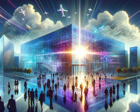 An image depicting a symbolic representation of leading companies exploring new opportunities. The scene features a large glass and vibrant chrome structure designed to symbolize a futuristic company building. Outside it, silhouettes of different individuals, representing company stakeholders of varying gender and races, approach the entrance with curiosity and anticipation. Floating above the building, a shining bright light breaking through the clouds symbolizing the emergence of new opportunities. The image is in a vivid, photorealistic style with a high-definition quality.