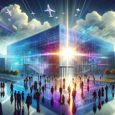 An image depicting a symbolic representation of leading companies exploring new opportunities. The scene features a large glass and vibrant chrome structure designed to symbolize a futuristic company building. Outside it, silhouettes of different individuals, representing company stakeholders of varying gender and races, approach the entrance with curiosity and anticipation. Floating above the building, a shining bright light breaking through the clouds symbolizing the emergence of new opportunities. The image is in a vivid, photorealistic style with a high-definition quality.