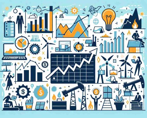 Create an image depicting the concept of significant movements in energy stocks. This could include graphical representations such as charts, diagrams and arrows, along with symbols of energy like wind turbines, oil derricks, solar panels, etc. Also include some depictions of people enjoying the fruits of their successful investments, but keep their identities generic and nondescript.