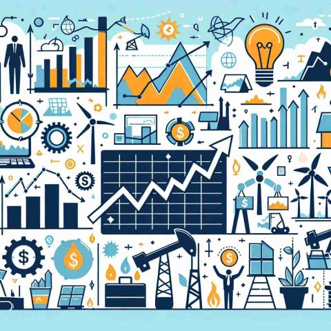 Create an image depicting the concept of significant movements in energy stocks. This could include graphical representations such as charts, diagrams and arrows, along with symbols of energy like wind turbines, oil derricks, solar panels, etc. Also include some depictions of people enjoying the fruits of their successful investments, but keep their identities generic and nondescript.