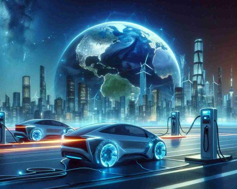 Generate a realistic, high-definition image depicting a metaphorical 'electric vehicle race', with the Chinese taking the lead. The scene should symbolically represent the idea of the world preparing for a major shift towards electric transportation. Include charging stations, futuristic cityscapes, and a sustainable environment reflecting the transition to green energy.