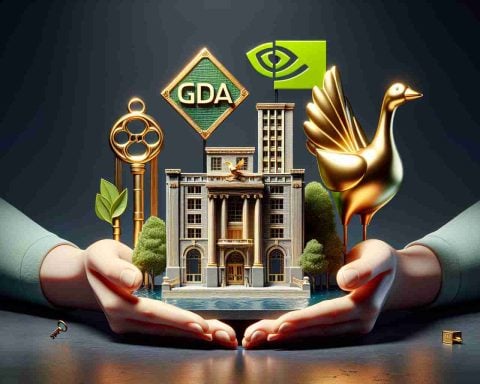 A high-definition realistic image of a symbolic representation of Nvidia's success. It could feature a grand building with a sign indicative of corporate success, a visual metaphor such as a key or a golden goose to symbolize 'secret', and a visual depiction of 'caring', such as hands holding the aforementioned symbols gently.