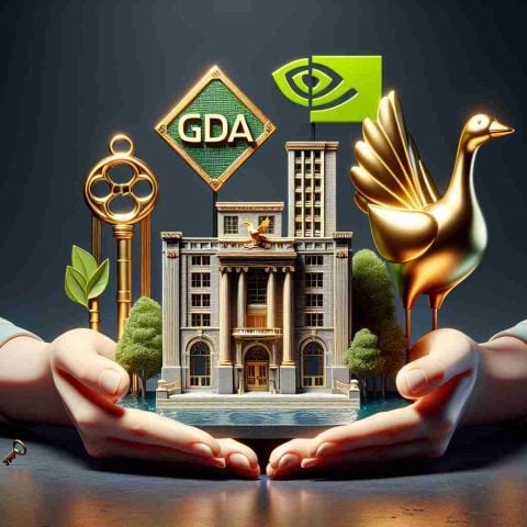 A high-definition realistic image of a symbolic representation of Nvidia's success. It could feature a grand building with a sign indicative of corporate success, a visual metaphor such as a key or a golden goose to symbolize 'secret', and a visual depiction of 'caring', such as hands holding the aforementioned symbols gently.