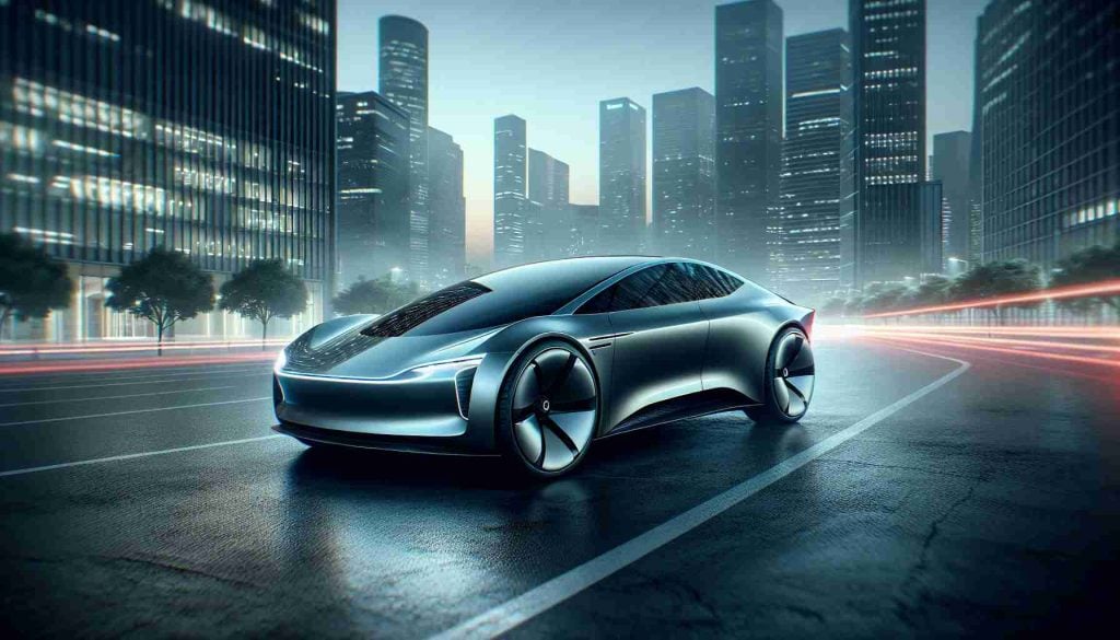 A realistic and high-definition visual of a newly unveiled futuristic electric car, hinting at a major strategic shift in its design and technology. The vehicle, not affiliated with any real-life car makers, showcases state-of-the-art design principles and latest technological advancements. It's set against the backdrop of a bustling city in the early morning hours, indicating its imminent launch, suggesting a bold strategic change in this fictional car company's approach.