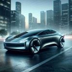 A realistic and high-definition visual of a newly unveiled futuristic electric car, hinting at a major strategic shift in its design and technology. The vehicle, not affiliated with any real-life car makers, showcases state-of-the-art design principles and latest technological advancements. It's set against the backdrop of a bustling city in the early morning hours, indicating its imminent launch, suggesting a bold strategic change in this fictional car company's approach.