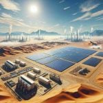 Create a hyper-realistic, high-definition image depicting a significant investment project underway in a desert environment. Show multiple large solar panels speckled across the expansive sandy landscape under a clear blue sky. Also, include infrastructure buildings located near these panels showing a sense of vast development. In the distance, depict hints of developing industries, symbolizing the future power source of Rajasthan, a northwest state in India known for its arid desert landscapes.