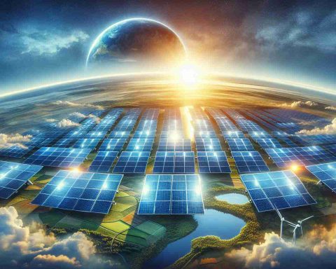 Create a high-definition, realistic image representing the concept of a 'Solar Revolution'. The scene should depict advanced solar panels, possibly manufactured by a leading, unspecified company, which is touted as the key to a sustainable future. The sky is blue with hints of sunrise or sunset symbolising the dawn of a new era, and the earth below looks green, fertile and healthy, as a reflection of the benefits of solar energy.