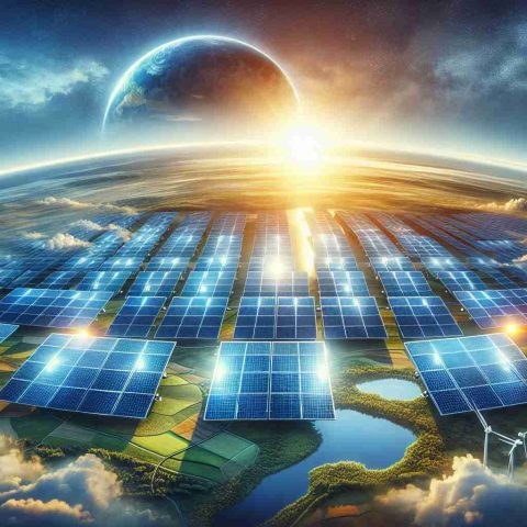 Create a high-definition, realistic image representing the concept of a 'Solar Revolution'. The scene should depict advanced solar panels, possibly manufactured by a leading, unspecified company, which is touted as the key to a sustainable future. The sky is blue with hints of sunrise or sunset symbolising the dawn of a new era, and the earth below looks green, fertile and healthy, as a reflection of the benefits of solar energy.