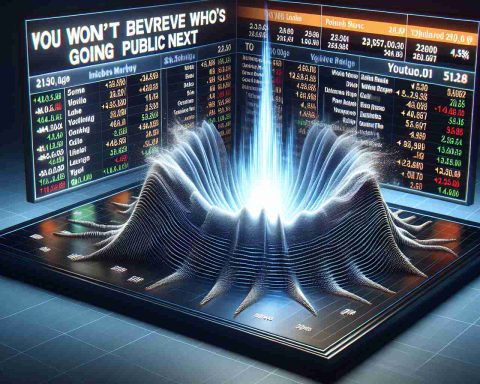 A realistic high-resolution visual representation of a shock wave emanating from a stock market ticker, symbolizing a dramatic event. The ticker displays various company names and their changing market values without identifying any specific organization. Additionally, a bold headline reading 'You Won't Believe Who's Going Public Next' appears at the top of the image, invoking anticipation and curiosity.