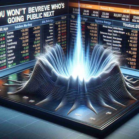 A realistic high-resolution visual representation of a shock wave emanating from a stock market ticker, symbolizing a dramatic event. The ticker displays various company names and their changing market values without identifying any specific organization. Additionally, a bold headline reading 'You Won't Believe Who's Going Public Next' appears at the top of the image, invoking anticipation and curiosity.