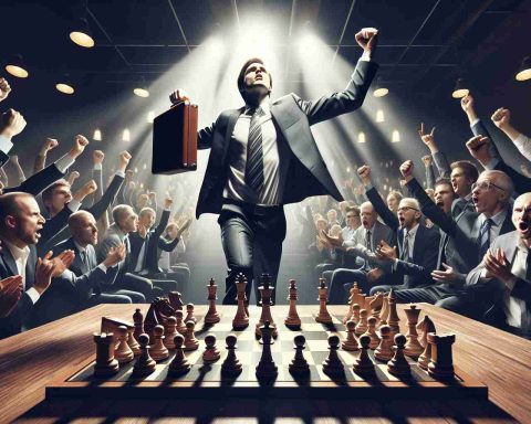 Produce a realistic HD image that depicts an intense scene from a chess tournament. In this scene, a skilled player, who is a Caucasian male, is triumphantly claiming victory after a match. The atmosphere is gripping, with the chessboard displaying a brilliant strategy that led to this victory. Surrounding the player are spectators who are awestruck by his tactical prowess and stunning victories. The image should evoke the excitement, tension, and surprise inherent in competitive chess play.