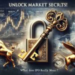 A realistic HD photo depicting the visual metaphor of market secrets being unlocked. There is an antique decorative key turning in a lock, symbolizing the key to understanding. Alongside, there are various elements related to the stock market such as graphs, stock charts, and perhaps a golden bull and bear battling. Superimposed over the image is the text 'Unlock Market Secrets! What Does IPO Really Mean?' in clear, bold font. The overall aesthetic should convey the essence of in-depth market analysis and intrigue.