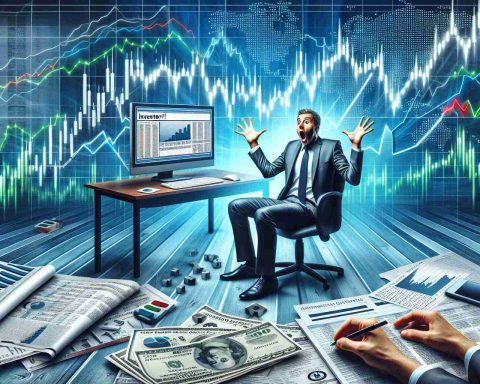 Create a high-definition, realistic image representing the concept of 'Investor Shock!' due to the announcement of unusually high dividends. The scene might include a startled businessperson, a computer screen displaying a news article about the announcement, charts and graphs showing a huge upward trend, and various stock market symbols. This composition should evoke surprise and excitement.