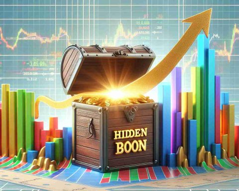 High-definition, realistic image showcasing the concept of a hidden boon in the stock market with soaring charts. The scene should depict a physical model of a thriving stock market area, colorful charts going upward, with a golden treasure chest illustrating the 'hidden boon'.