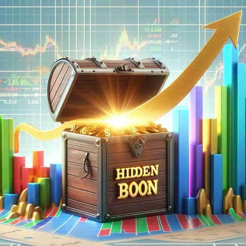 High-definition, realistic image showcasing the concept of a hidden boon in the stock market with soaring charts. The scene should depict a physical model of a thriving stock market area, colorful charts going upward, with a golden treasure chest illustrating the 'hidden boon'.