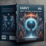 A realistic, high-definition illustration of a financial brochure titled 'Karvy IPO: What You Need to Know! Uncover the Untold Story'. The cover design boasts enigmatic and stimulating visual elements that hint at the financial intricacies within.