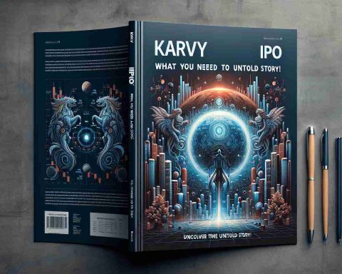 A realistic, high-definition illustration of a financial brochure titled 'Karvy IPO: What You Need to Know! Uncover the Untold Story'. The cover design boasts enigmatic and stimulating visual elements that hint at the financial intricacies within.